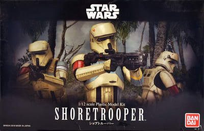 Photo box art of Star Wars Rogue One Shoretrooper 1/12 model kit in a close up in the center with other Shoretroopers flanking left and right in a soft vignette.