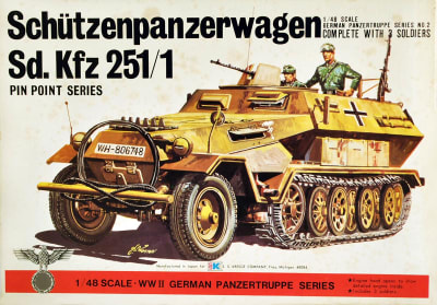 Box art illustration of WWII German Schutzenpanzerwagen Sd.Kfz 251/1 on a white background of plastic model kit by Bandai.