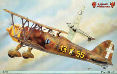 Box art illustration of Italian biplane, Fiat CR.42 'Italian Falcon' in a steep climb against a cloudy sky.