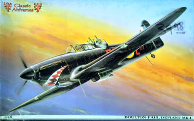 Box art illustration of WW2 RAF fighter BP Defiant mk.I climbing high against the sky at dusk.