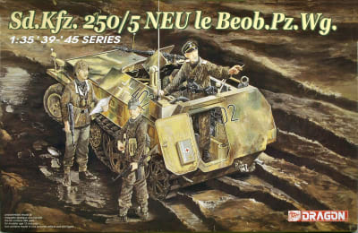 Box Art illustration of plastic armor vehicle model of WWII German Command half-track, Sd.Kfz. 250 / 5 NEU with soldiers next to the armored vehicle and Commander leading the way.