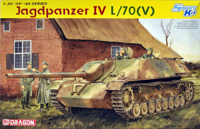 Box Art of Model Kit for Dragon #6397 for a  WW2 German Tank Destroyer, Jagdpanther IV shown rolling through a village street.