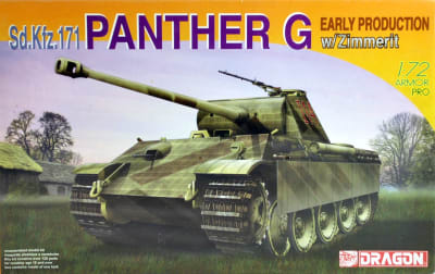 Box art illustration of German WWII tank, Sd.Kfz.171 Panther G rolling through a country village.