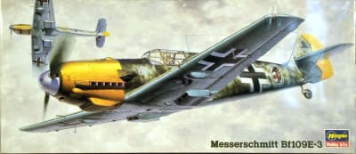 Box art illustration of Luftwaffe Bf 109 E-3 flying in stormy skies for scale model produced by Hasegawa.