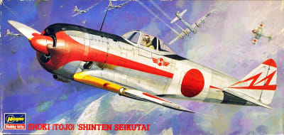 Box art illustration of WWII Japanese fighter, Ki-44 Shoki 'Tojo' flying high in the sky with a second tojo banking left above it.