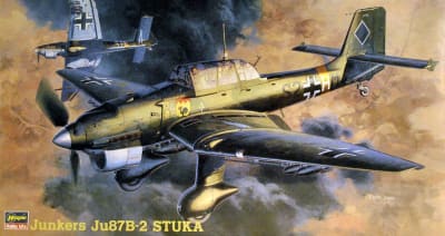 Box art illustration of Junkers Ju 87B-2 plastic model kit by Hasegawa of the WWII long-range dive bomber, Ju 87B-2 Stuka in a position to drop a bomb.