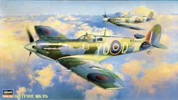 Box art illustration of RAF Spitfire Mk.Vb scale model kit by Hasegawa with it flying above the clouds.