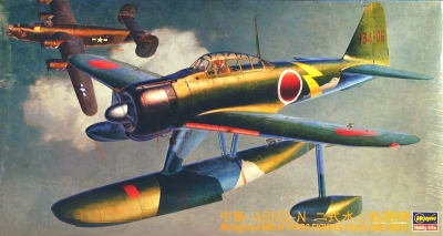 Box art illustration of WWII Japanese floatplane, A6M2 Rufe flying along side a B-17.