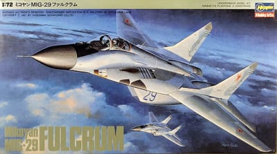 Photo of the box art for Hasegawa MiG-29 Fulcrum plastic model kit with MiG in mid air and another just below.