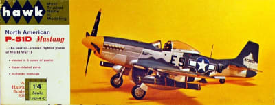 Photo box art of actual scale model of Hawk P-51D Mustang on a yellow background.