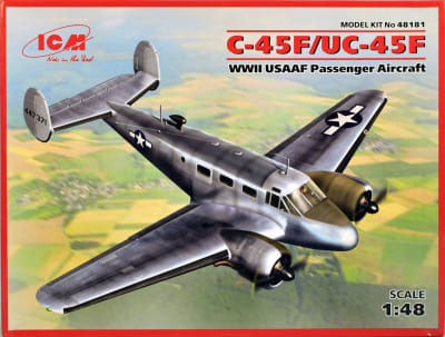 Box art illustration of WW2 military transport, C-45F expeditor flying over green fields below.