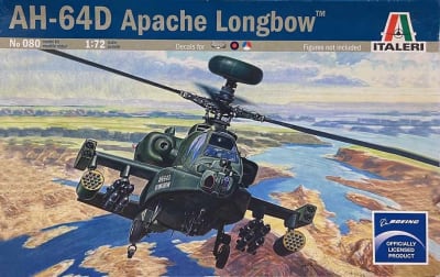 Scale plastic model kit of attack helicopter AH-64D Longbow Apache flying close to the ground with many waterways below.