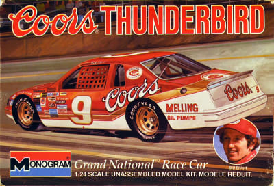 Box art with actual photo of NASCAR #9 Coors Thunderbird Grand National Race Car in red/white color scheme  and sponsor Coors driven by Bill Elliott.