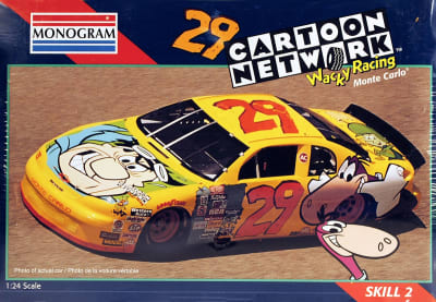 Actual photo of the race car on the box of #29 Cartoon Network NASCAR colorful race car driven by Steve Grissom with Flintstone characters.
