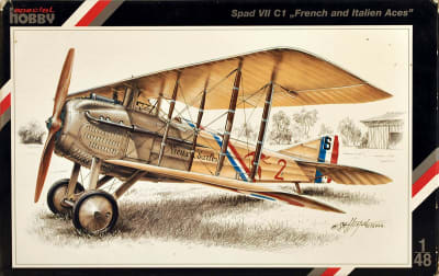 Box art illustration of scale model of WWI French fighter, Spad VII C.1 flown by French and Italian Aces by Special Hobby Models.