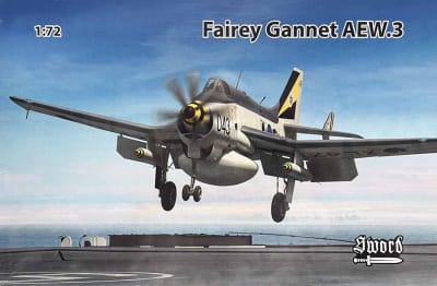 Box art illustration of Fairey Gannet landing on a carrier deck.
