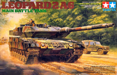 Dramatic box art illustration of WW2 German main battle tank, Leopard 2 A6 rolling down a dirt road through a forest with sand trailing behind it.