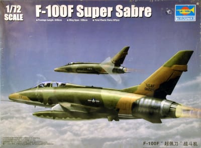 Photo box art illustration of two F-100F Super Sabres flying in tandem high above the clouds.