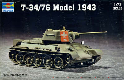 Box art photo of actual scale model T-34/76 WWII tank on a grey background.