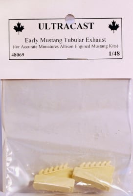 Photo of package by Ultracast of 1/48 resin casted tubular exhaust for early P-51 Mustang.