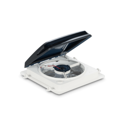 The Dometic Roof Vent Fantastic 12V Fan, model 801450, is a manual lift, 3-speed fan designed for RVs to circulate air efficiently through standard 14" x 14" openings. It features a reversible fan with a built-in thermostat.