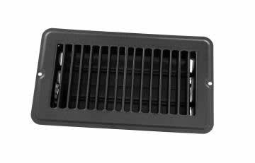The JR Products 02-29155 Dampered Floor Register is a 4" x 8" black metal register primarily designed for RV heating/cooling systems