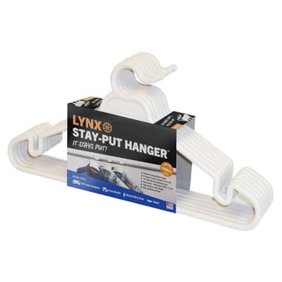 The Tri-Lynx 1200W Lynx Stay-Put Hanger (6 pack), a heavy-duty plastic hanger with a special goose-neck design that clips onto a closet rod to prevent it from falling off, making it ideal for RVs, campers, boats, and homes.