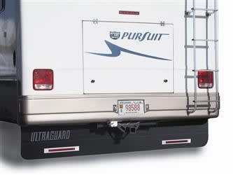 The Smart Solutions Ultra Guard (part number 00014) is a 20" x 94" one-piece mud flap designed to protect a motorhome and its towed vehicle from road debris. It is made of durable, reinforced rubber.