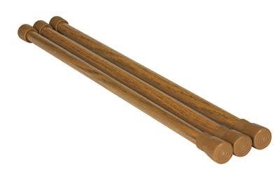 The Camco 43823 RV Expandable Oak Refrigerator Bars are spring-loaded, extendable bars designed to secure items in RV refrigerators and cupboards during travel. They come in a pack of three and feature an oak finish on a metal bar.