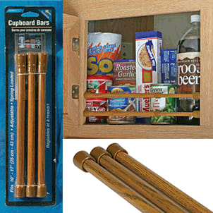 The Camco 43833 Oak Cupboard Bars (3-pack), designed to keep items in place in RV refrigerators and cupboards.
