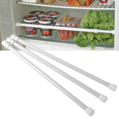 The CAMCO REFRIGERATOR STORAGE SPRING LOADED BARS 16"-28" WHITE 3PK, 44053 are spring-loaded tension rods designed to keep items secure in RV refrigerators and cupboards during travel.