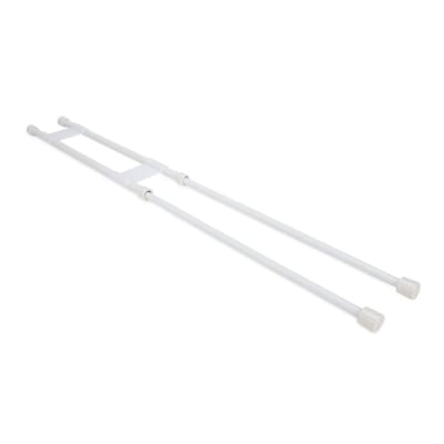 The Camco Double Refrigerator Spring Bars 16"-28" White, 44073 are spring-loaded, adjustable plastic bars designed to keep items in place in RV refrigerators and cabinets during travel. They extend from 16 to 28 inches for a universal fit.