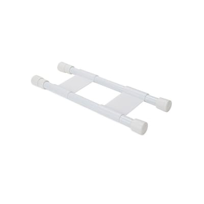 The Camco Spring Loaded Double Bar (44093) is a white plastic, extendable bar designed to keep items secure in RV cupboards or refrigerators during travel. It features a spring-loaded design and extends from 10 inches to 17 inches.