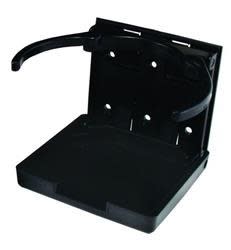The JR Products 45619 Black Plastic Adjustable Cup Holder is a sturdy, flush-mount, foldable cup holder designed for use in RVs, boats, and cars. It is made of black ABS plastic and can adjust to hold various drink sizes up to 44 fluid ounces.