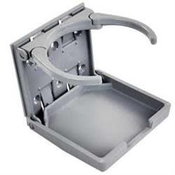 The JR Products 45622 Gray Adjustable Foldable Cup Holder is a compact, durable accessory designed for RVs, boats, and cars. It mounts easily to any flush surface, folds flat to just 4" x 4" when not in use, and can hold drinks up to 44 fl. oz.