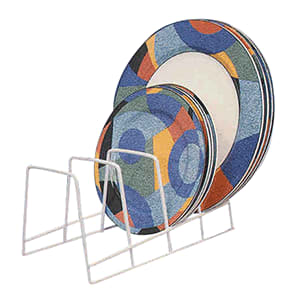 The AP Products 004â€‘213 White Plate Holder Rack is vinylâ€‘coated storage rack designed for RVs and kitchens. It holds up to 24 pieces of dinnerware in less than 11 inches of shelf space, making it a compact and affordable solution for dish organization