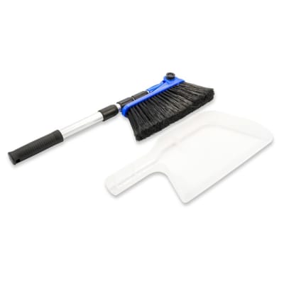 The Camco 43623 Adjustable Broom and Dustpan, a compact and portable cleaning tool primarily designed for RV, marine, and home use.