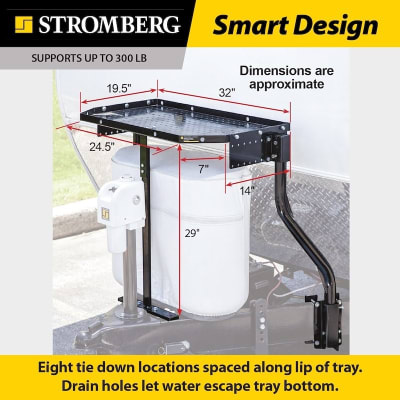 The Stromberg Carlson CC-255 Trailer Tray Cargo Carrier is a powder-coated steel platform that mounts to an A-frame trailer tongue, providing additional storage space with a 300 lb weight capacity.