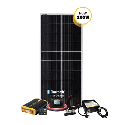 The Go Power! Weekender ISW 200 Watt Solar Charging System (Model: 83295) is a complete off-grid power package for RVs, featuring a 200W solar panel and a 1500W pure sine wave inverter.
