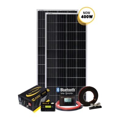 The Go Power! Solar Elite 400 Watt Solar Panel 2,000 Watt Inverter Kit (Part number 83296) is a complete power system for RVs and off-grid living, combining solar charging and AC power inversion capabilities.