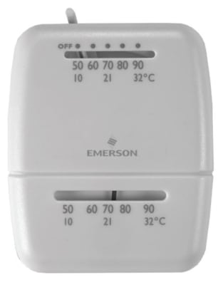 The White-Rodgers M100 Heat & Cool Thermostat is a mechanical, non-programmable device ideal for single-stage heating and cooling systems in homes, RVs, and mobile homes. It is a simple, mercury-free, wall-mounted unit.