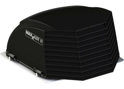 The Maxxair 00-933082 is a Maxx II RV Roof Vent Cover in black, designed to provide ventilation and rain protection for most standard 14" x 14" RV roof vents. It features a sleek, aerodynamic design and allows stale air, smoke, and cooking odors to escape