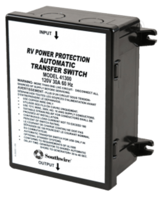The Southwire 41300-001 is a 30 Amp automatic transfer switch designed for RVs to seamlessly transfer power between shore power and a generator.
