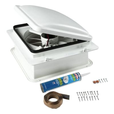The Furrion RV Roof Vent Fan with Lid Install Kit (FVF14D90R6A-PW-AM) is a high-powered, 12-volt DC exhaust fan designed for use in RVs, travel trailers, and 5th wheels. It features a 10-blade fan with four speeds and a manual lift lid mechanism.