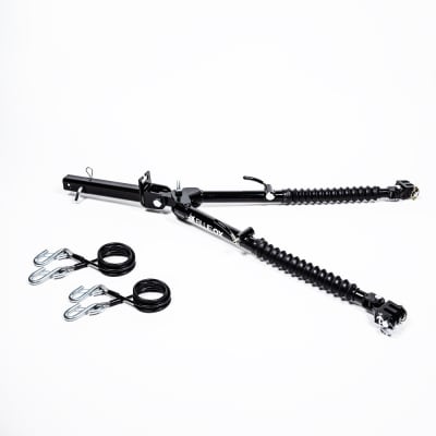The Blue Ox Alpha 2 tow bar, model BX7390, is a Class III steel tow bar with a 8,500 lbs towing capacity, designed for flat towing a vehicle behind an RV. It is known for its user-friendly, non-binding design and self-aligning arms.