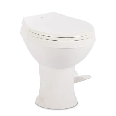 The Dometic 9610008275 refers to the Dometic Model 400 Essential RV Toilet in White. This high-profile gravity-flush toilet is designed for lightweight RV builds, offering a balance of durability and space-saving features