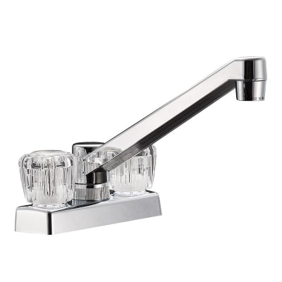 The Dura Faucet DF-PK640A-CP is a chrome-plated, dual-handle RV kitchen faucet with clear acrylic knobs, designed for 4-inch center mounting, featuring an 8-inch high-rise spout, plastic DuraProâ„¢ underbody for durability, and compression valves.