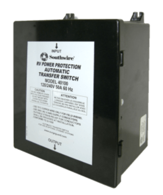 The Southwire 40100-001 is a 50 Amp Automatic Transfer Switch used to manage power sources in RVs, automatically switching between shore power and generator power.