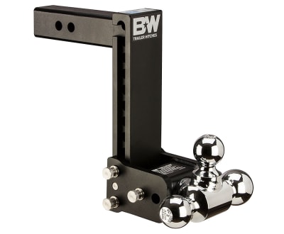 The B&W Tow & Stow Trailer Hitch Ball Mount (TS10050B) is a versatile, heavy-duty, tri-ball mount designed for 2-inch receiver hitches. Its adjustable height and three ball sizes eliminate the need for multiple ball mounts, and it can be stowed away.