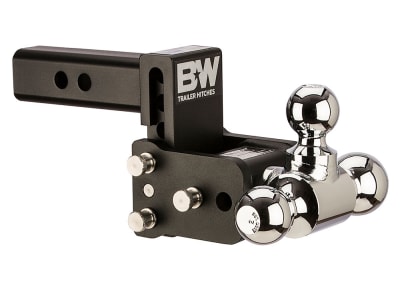 The B&W TS10047B Tow & Stow trailer hitch ball mount is a Class IV adjustable tri-ball mount for a 2-inch receiver. It features multiple ball sizes on one mount, and its stowable design allows it to be stored out of the way when not in use.